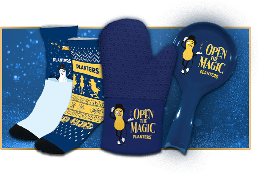 PLANTERS® Brand Holiday socks, oven mitt, and spoon rest